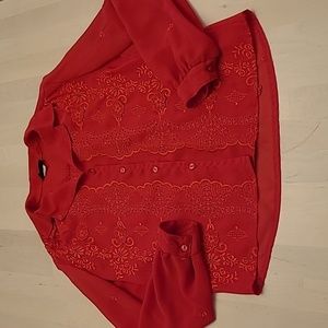 LIKE NEW VTG D.J. USA Western Inspo Floral Cutout and Semi-sheer Red Blouse